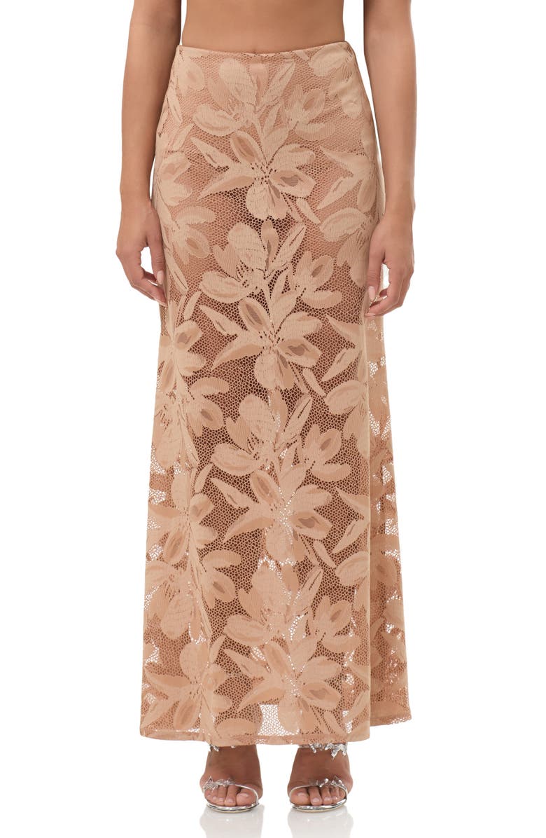 AFRM Tilly Sheer Floral Lace Maxi Skirt, Main, color, Almond