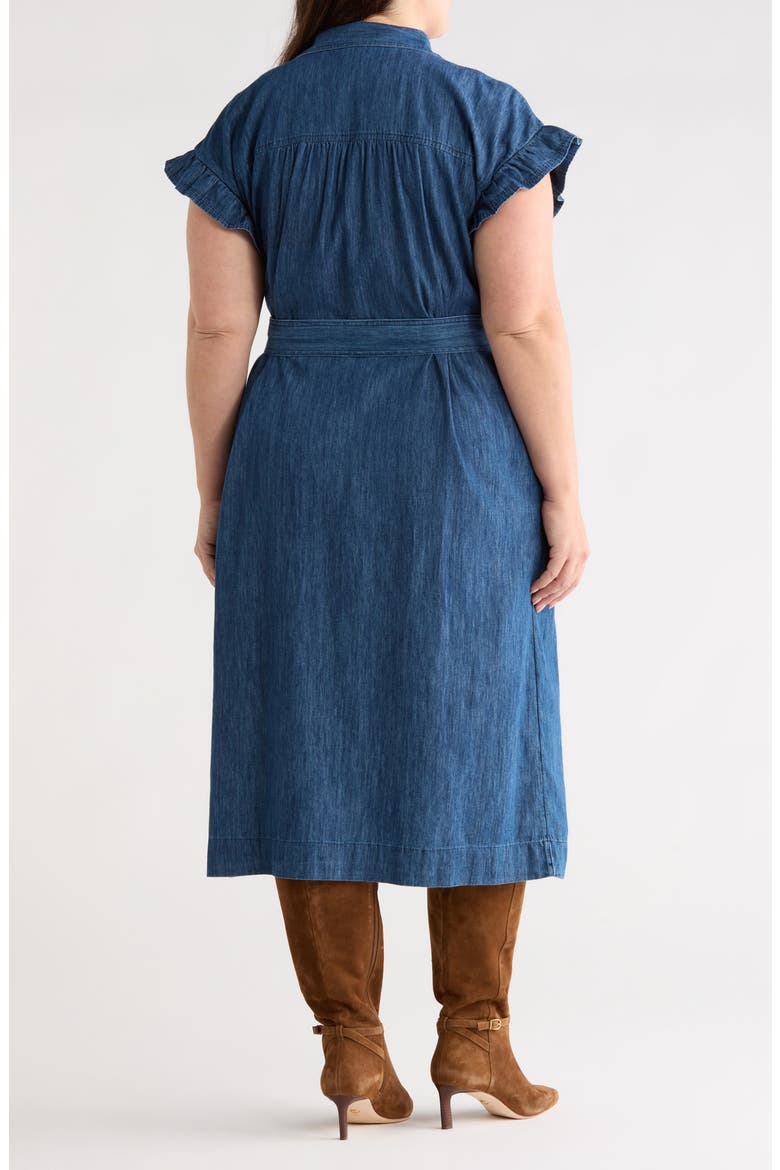 Flutter Sleeve Tie Waist Denim Midi Dress, Alternate, color, DARK WASH