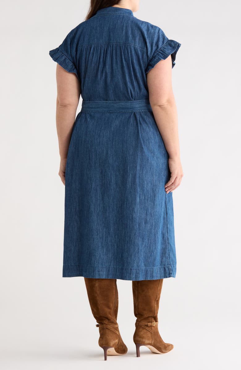 Caslon<sup>®</sup> Flutter Sleeve Tie Waist Denim Midi Dress, Alternate, color, Dark Wash
