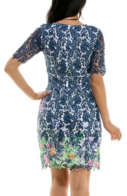 Nina Leonard Floral Border Elbow Sleeve Lace Sheath Dress In Navy Multi