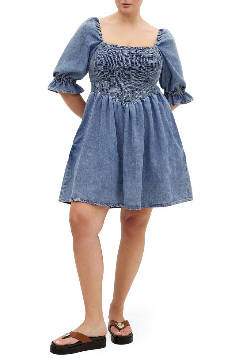 Kaitlyn Smocked Denim Minidress, Main, color, LIGHT WASH