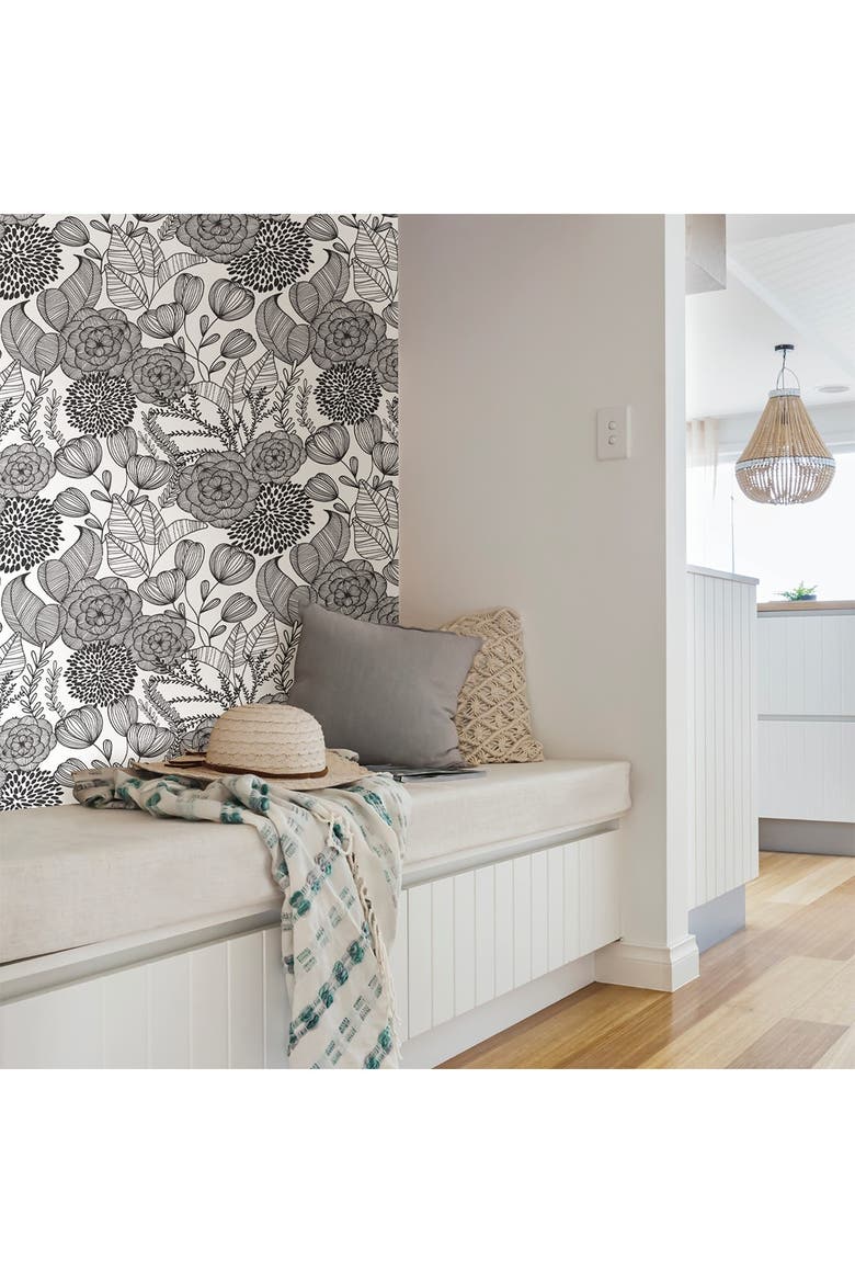 Black Secret Garden Peel & Stick Wallpaper, Alternate, color, BLACK