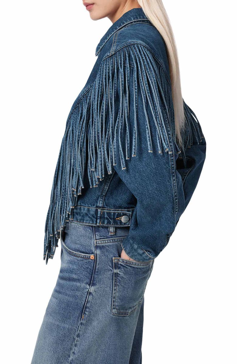 AllSaints Marlene Fringe Trim Denim Jacket, Alternate, color, Dark Indigo
