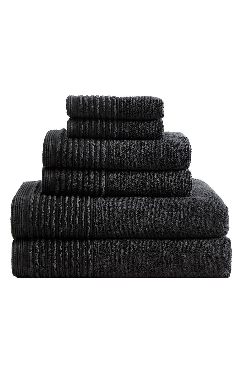 Vera Wang Sculpted Pleat 6-Piece Bath Towel, Hand Towel & Washcloth Set, Main, color, Black