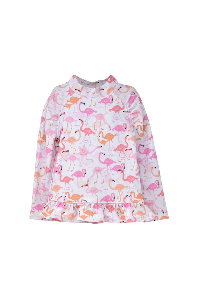 Sustainably Made UPF 50+ Girls' Ruffle Rash Guard Swim Top, Main, color, Flamingo Love
