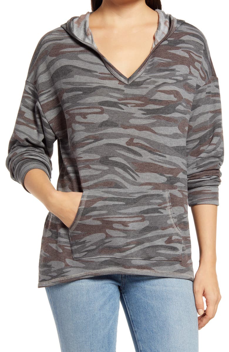 Loveappella Camo V-Neck Hoodie, Main, color, Gray
