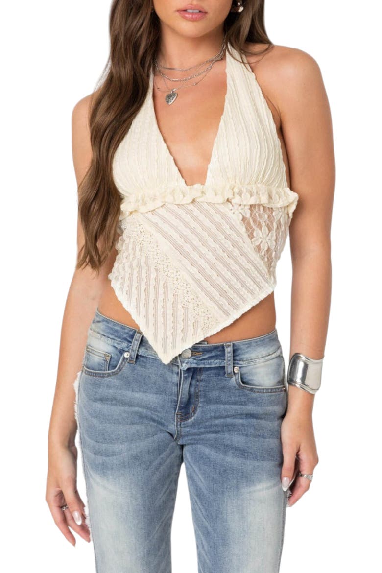 Quinta Lacy Triangle Hem Halter Top, Main, color, CREAM