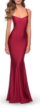 La Femme Form Fitting Prom Dress with Dramatic Lace Up Back