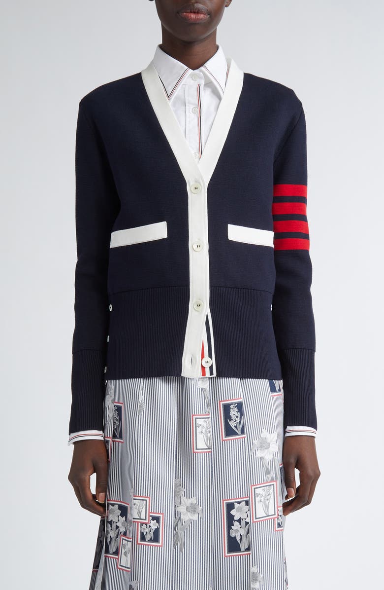 Thom Browne 4-Bar Contrast Trim Cotton Cardigan, Main, color, Navy