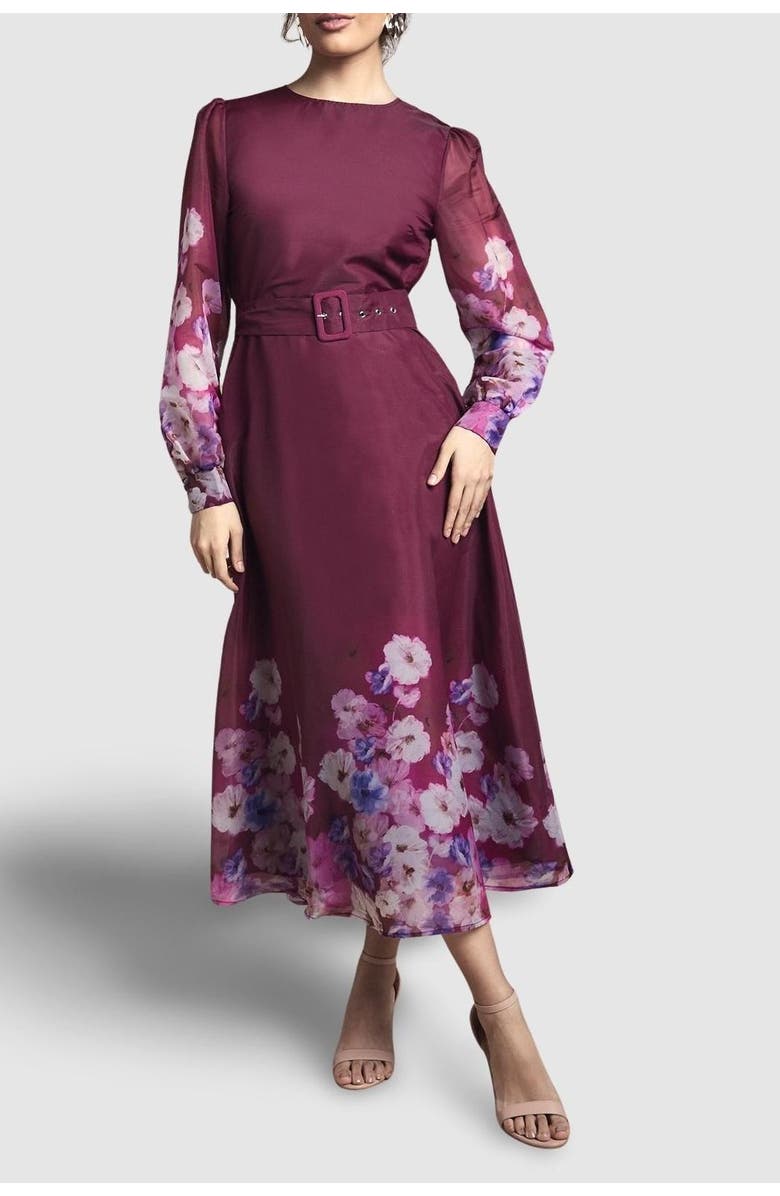 Wallis Organza Floral Print Belted Midi Dress, Alternate, color, Berry