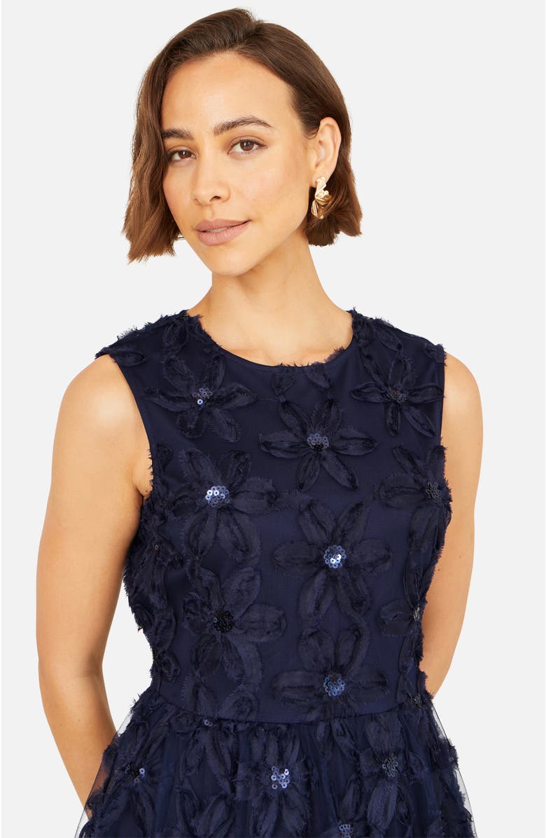 Yumi Sequin Floral Applique Skater Dress, Alternate, color, Navy