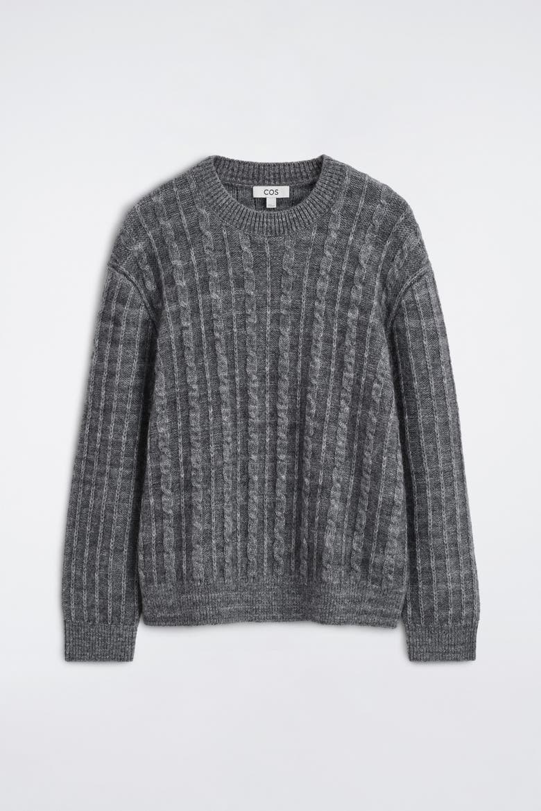 Cable-Knit Merino-Mohair Sweater, Alternate, color, GRAY MÉLANGE