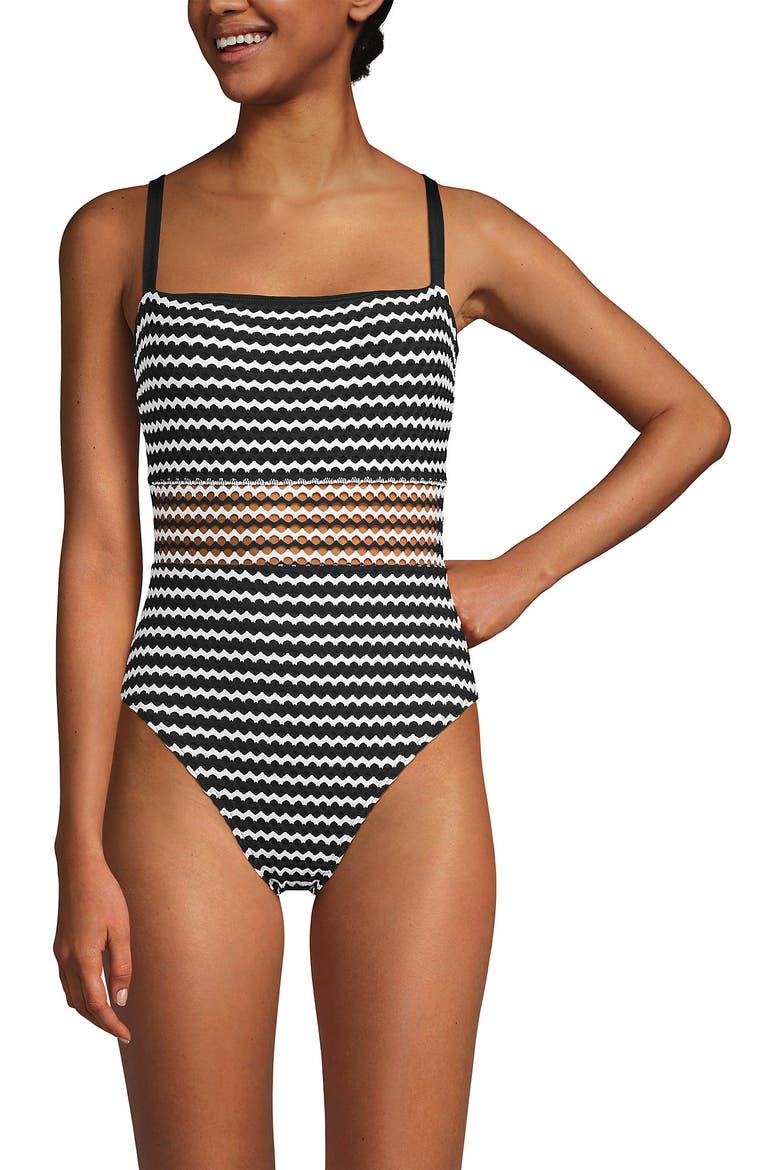 Crochet Square Neck High Leg One Piece Swimsuit, Alternate, color, Black/White