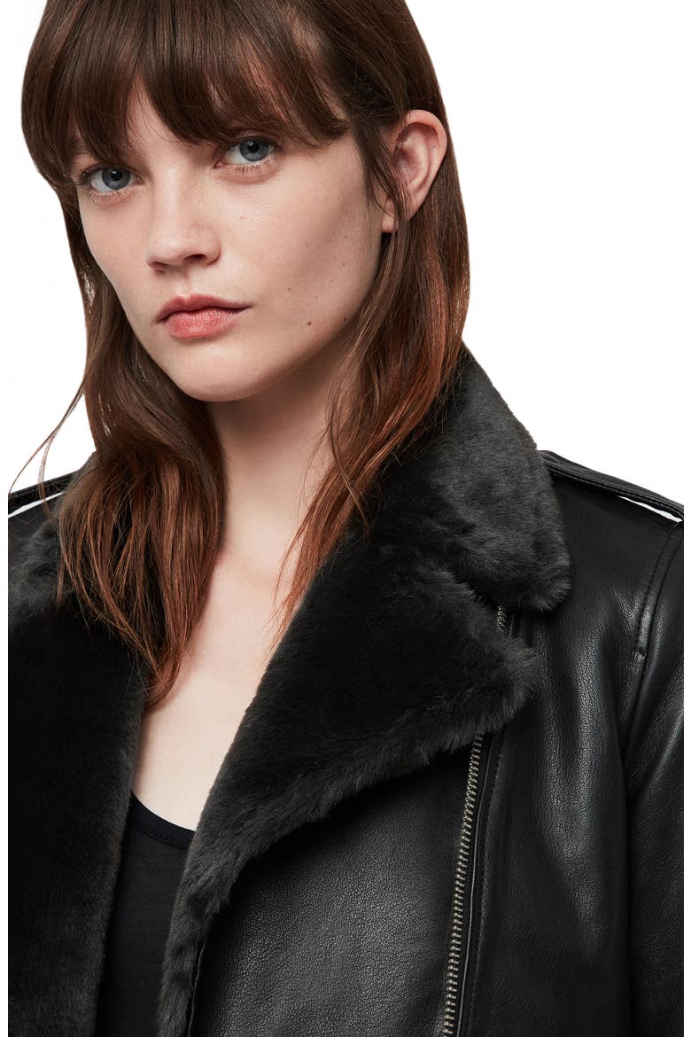Balfern Lux Leather Biker Jacket with Faux Fur Trim, Alternate, color, BLACK/ MAGMA GREY