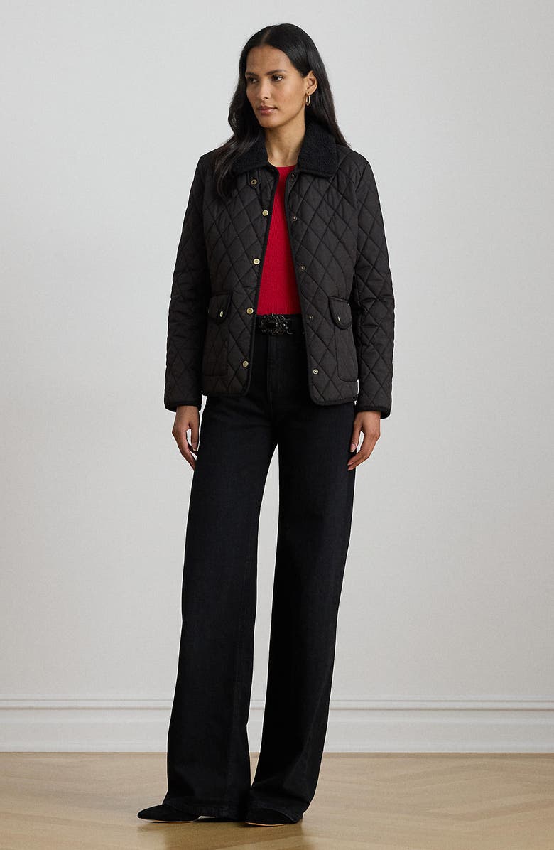 Lauren Ralph Lauren Quilted Faux Shearling Collar Jacket, Alternate, color, Black