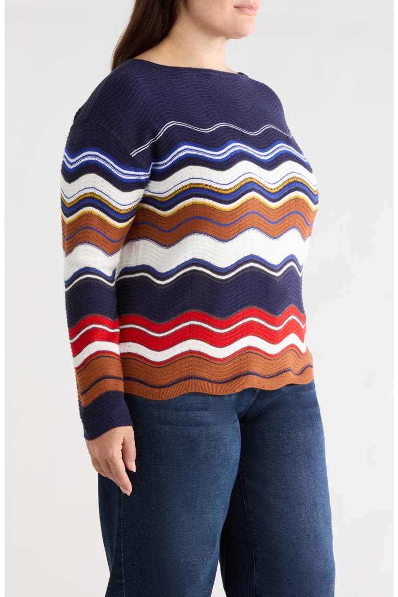 Scalloped Hem Sweater, Alternate, color, NAVY/ BROWN MULTI STRIPE