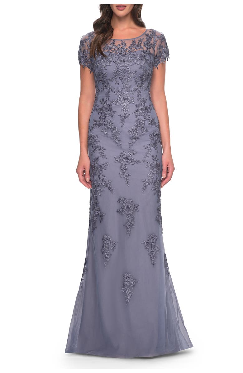 La Femme Lace and Net Fitted Long Mother of the Bride Dress, Main, color, Dusty Purple