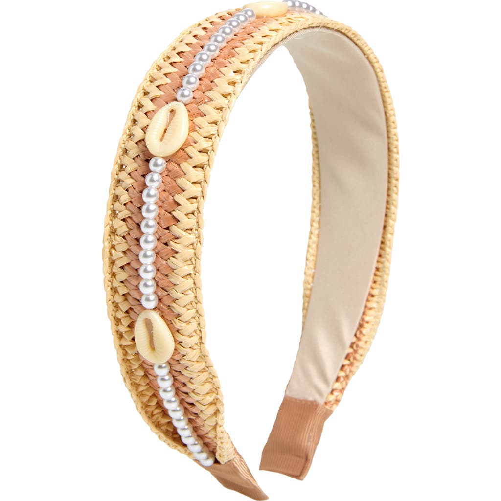 Cara Kids' Faux Pearl & Seashell Woven Headband In Brown