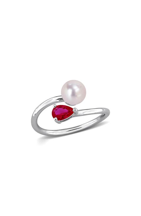 6-6.5mm Cultured Freshwater Pearl & Stone Bypass Ring