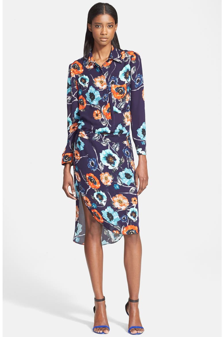 Floral Print Silk Shirtdress, Main, color, PRUSSIAN BLUE MULTI