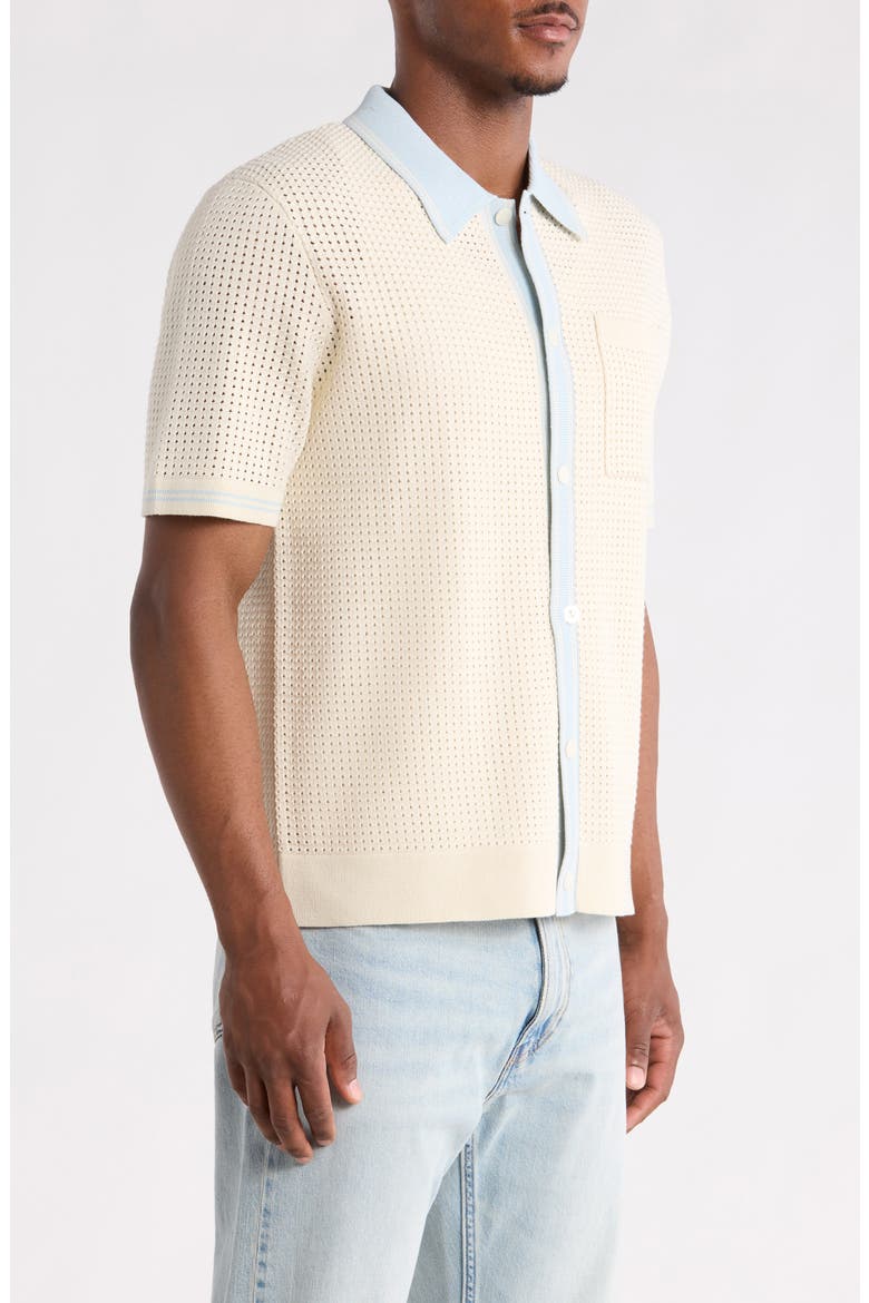 Belle Tipped Pointelle Stitch Short Sleeve Button-Up Shirt, Alternate, color, ECRU / PALE BLUE