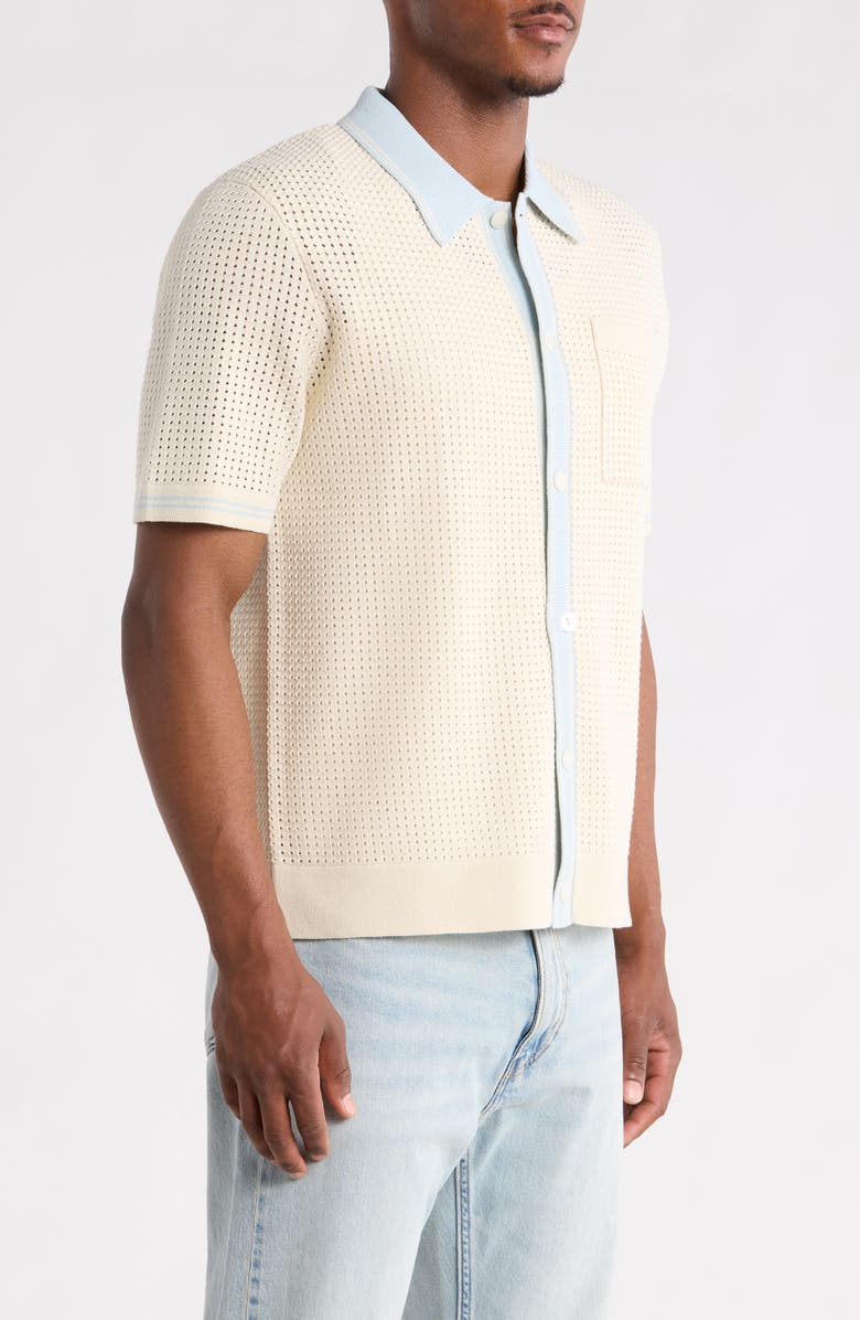 Wax London Belle Tipped Pointelle Stitch Short Sleeve Button-Up Shirt, Alternate, color, Ecru / Pale Blue