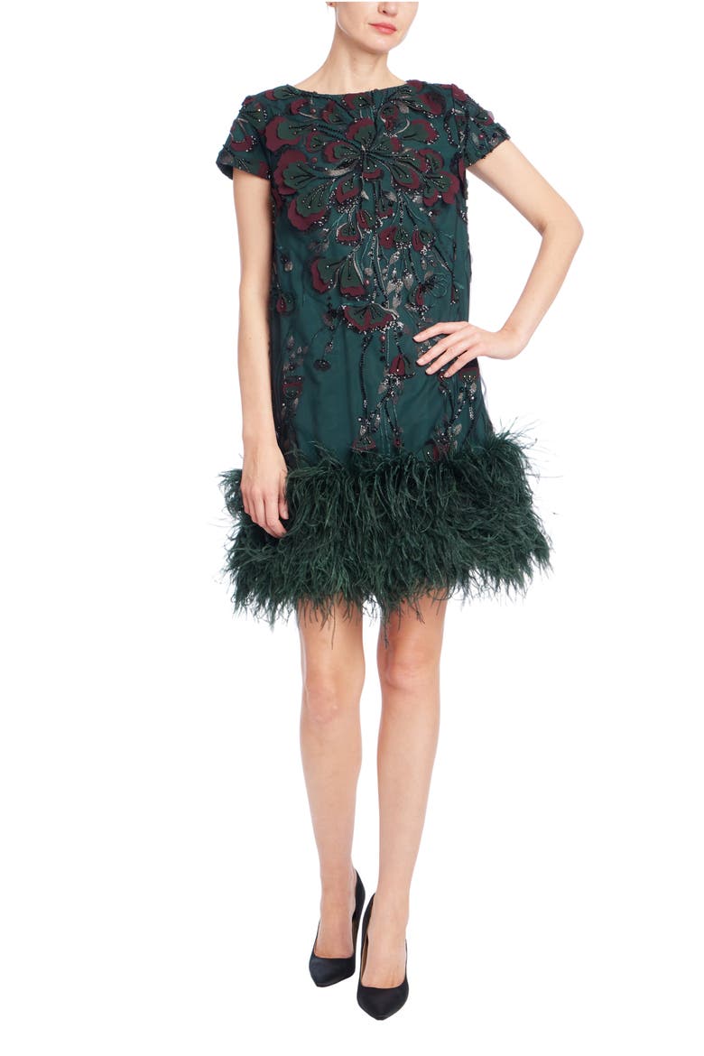 Beaded Ostrich Feather Hem Minidress, Main, color, PINE