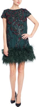 Badgley Mischka Collection Beaded Ostrich Feather Hem Minidress