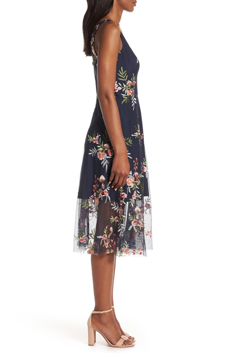 Vince Camuto Floral Embroidered Mesh Midi Dress, Alternate, color,