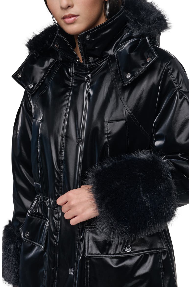 Faux Fur Cuff Nylon Velvet Puffer Coat, Alternate, color, BLACK