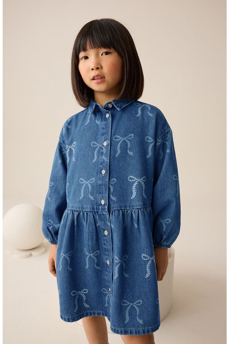 Kids' Bow Diamante Long Sleeve Denim Shirtdress, Alternate, color, BLUE