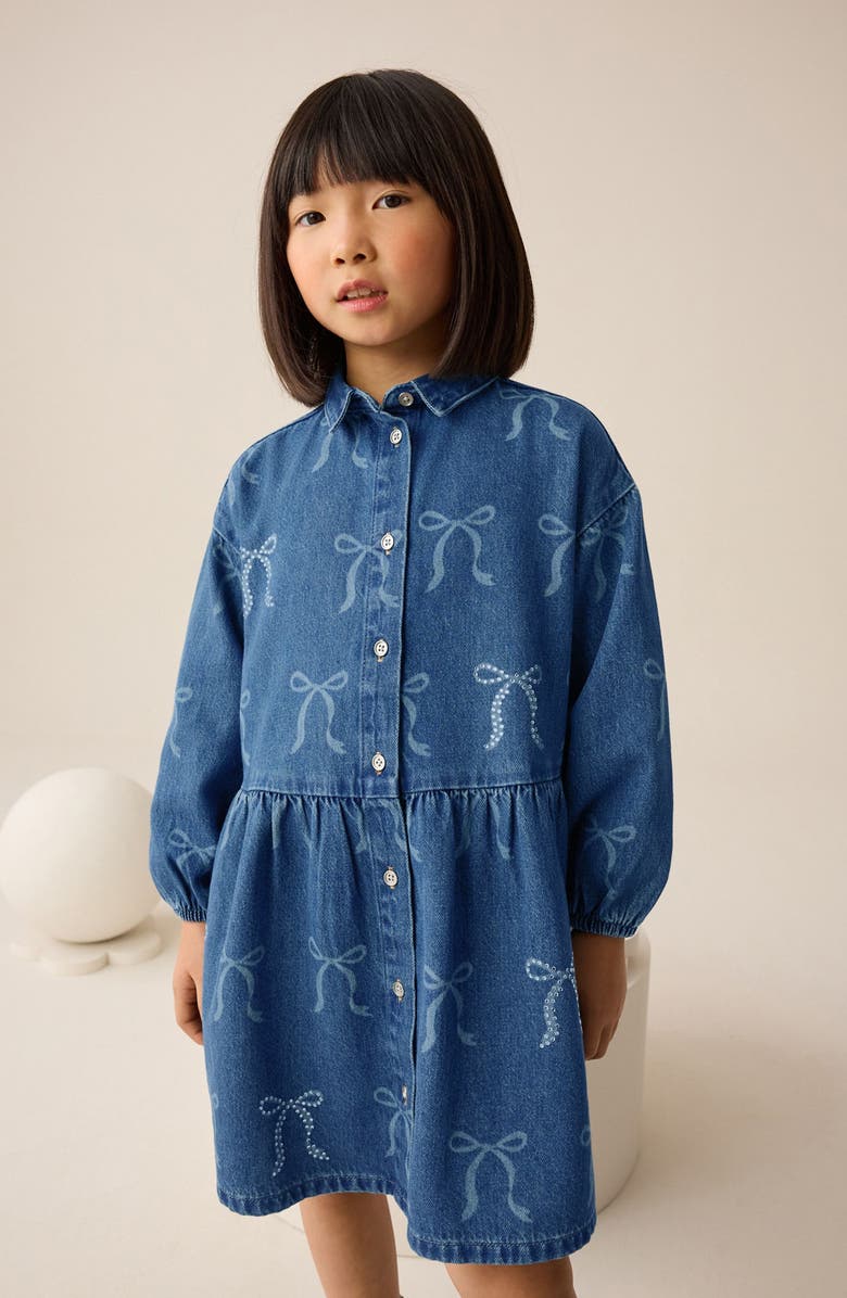 NEXT Kids' Bow Diamante Long Sleeve Denim Shirtdress, Alternate, color, Blue