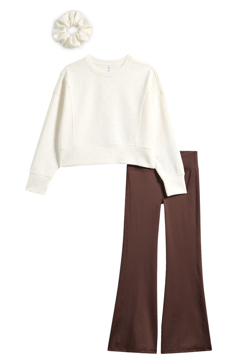 YOGALICIOUS Kids' Glitter Sweatshirt, Flare Leggings & Scrunchie Set, Main, color, White Dove/ Classic Brown