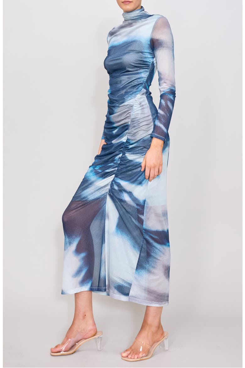 Abstract Print Long Sleeve Turtleneck Mesh Dress, Alternate, color, NAVY/ GREY