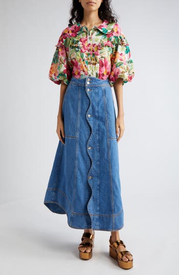 FARM Rio Painted Flowers Ruffle Puff Sleeve Cotton Button-Up Shirt