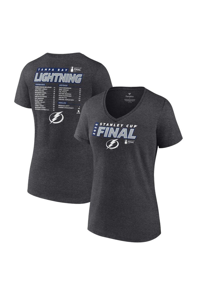 Women's Fanatics Branded Heathered Charcoal Tampa Bay Lightning 2022 Stanley Cup Final Own Goal Roster V-Neck T-Shirt, Main, color, Heather Charcoal