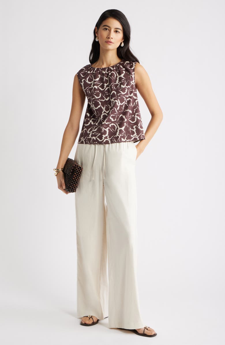 Nordstrom Floral Gathered Neck Poplin Sleeveless Top, Alternate, color, Brown Floating Ginko