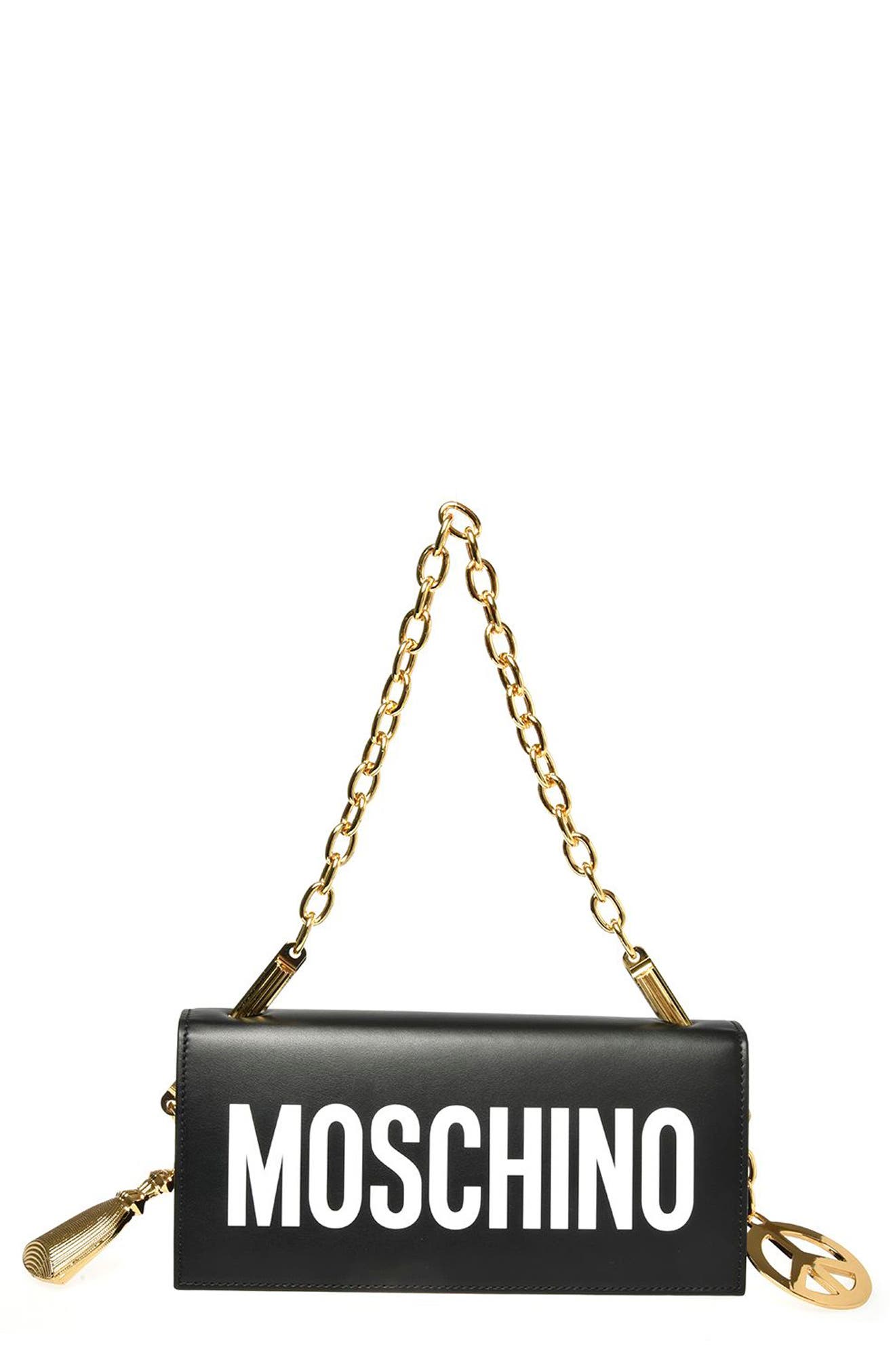 Moschino Logo Leather Shoulder Bag, Main, color, 