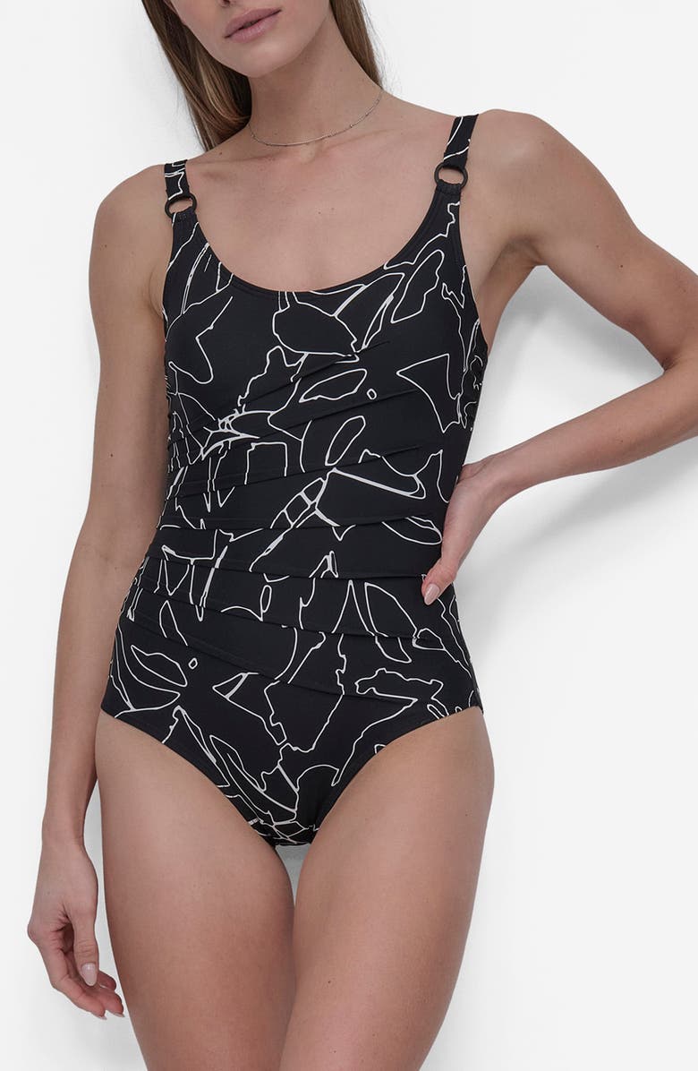DKNY Starburst One-Piece Swimsuit, Main, color, Black/ White Outline