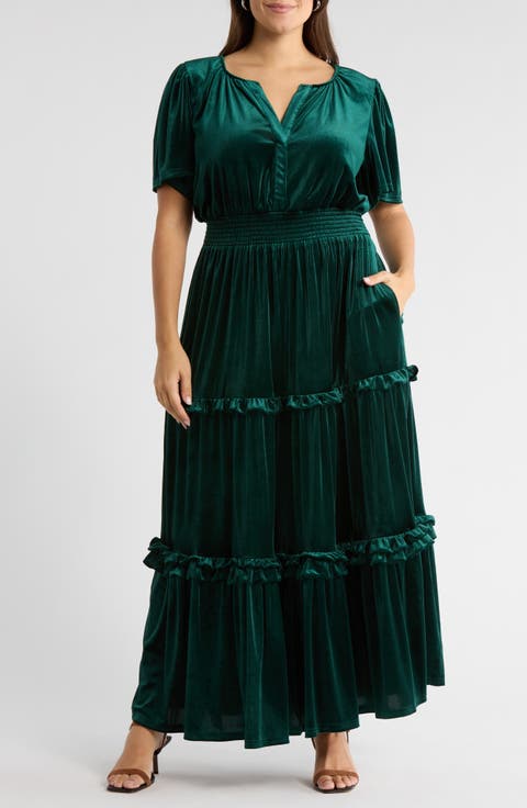 Juliete Velvet Palmer Tiered Maxi Dress (Plus)