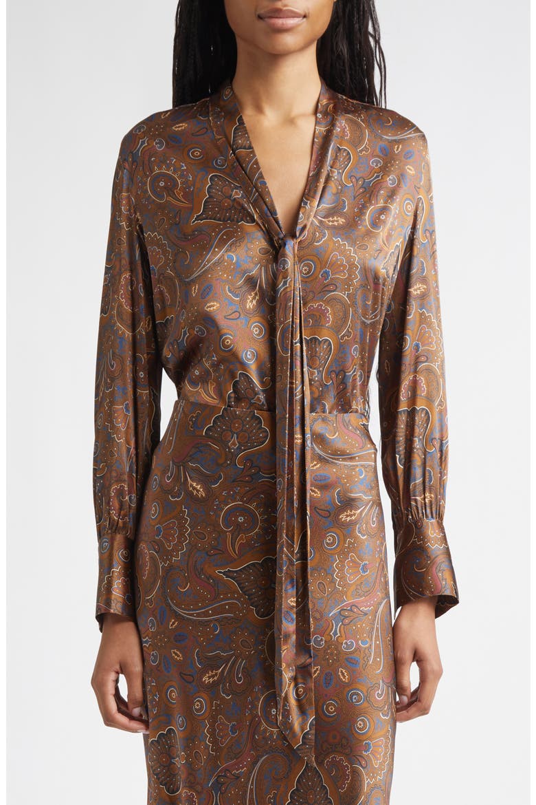 Francine Print Tie Neck Silk Blend Top, Main, color, WALNUT MULTI