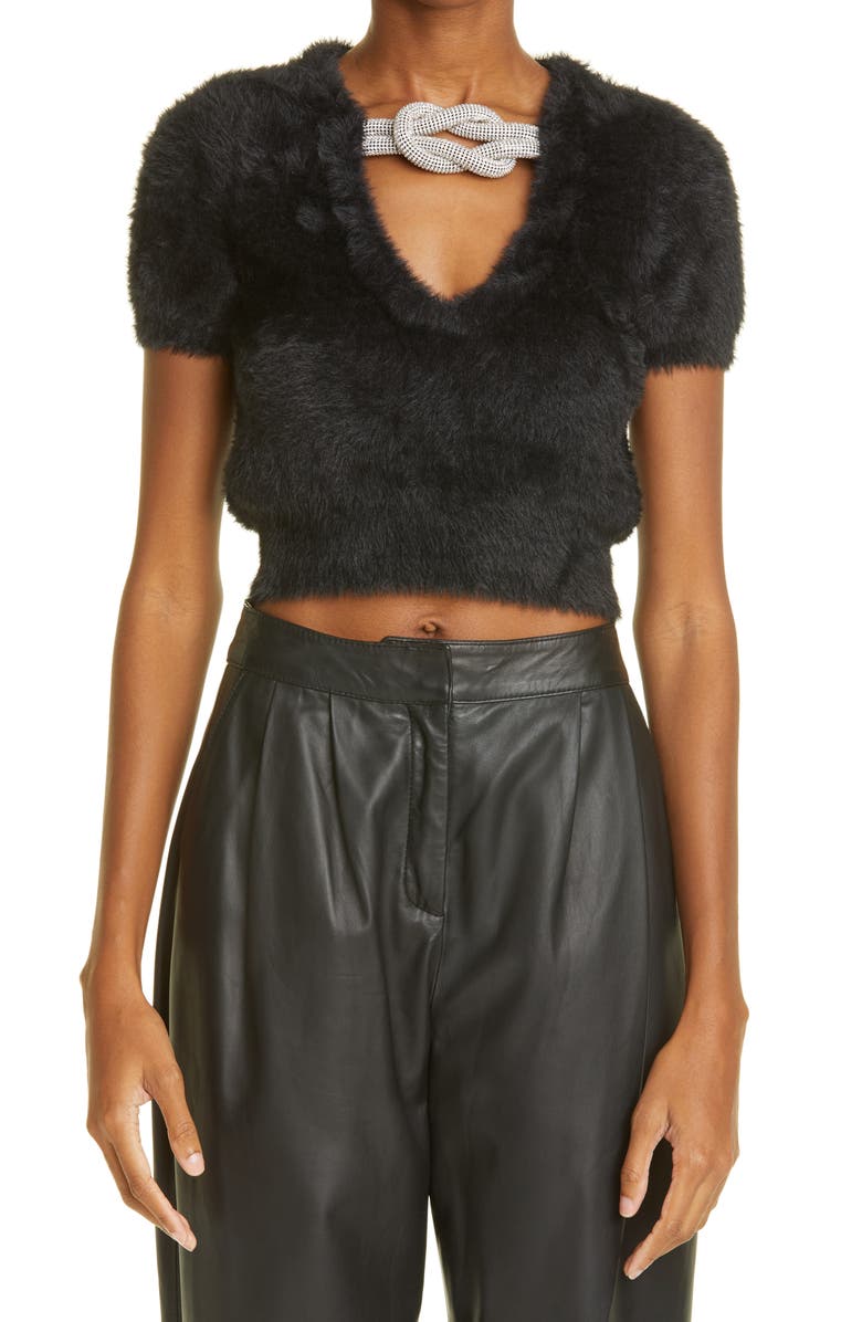 Alexander Wang Crystal Knot Crop Faux Fur Top, Main, color, 