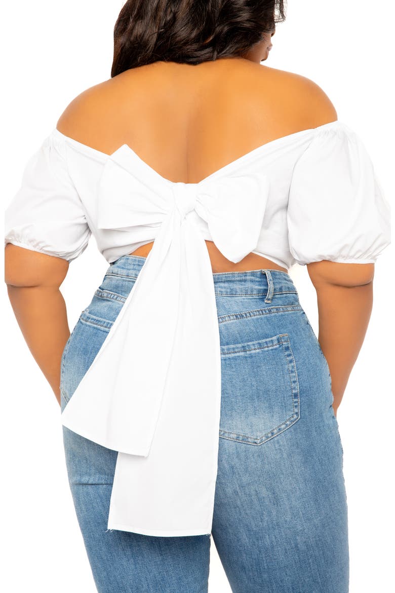 Off the Shoulder Bow Back Crop Top, Alternate, color, WHITE