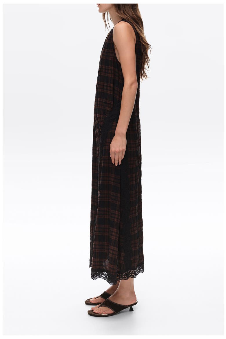 Checked Midi Dress with Lace Trim, Alternate, color, DARK BROWN