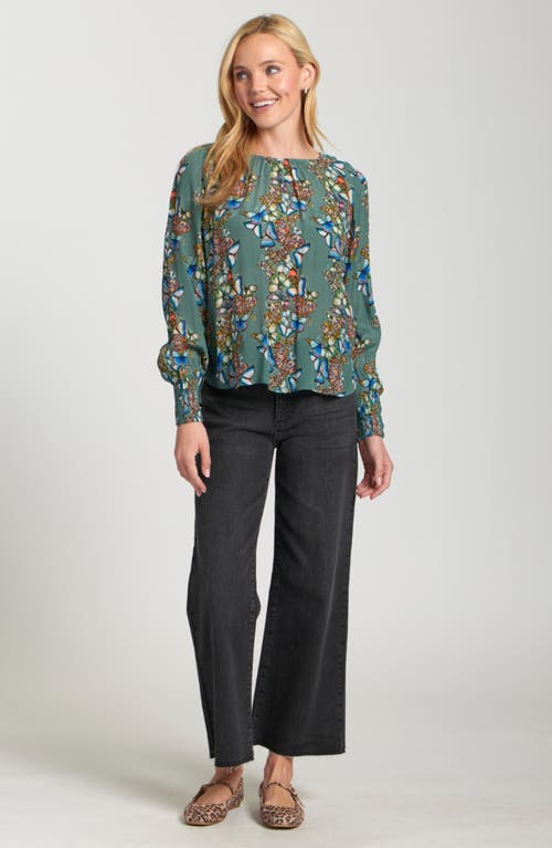 Apny Printed Smocked Cuff Top In Multi