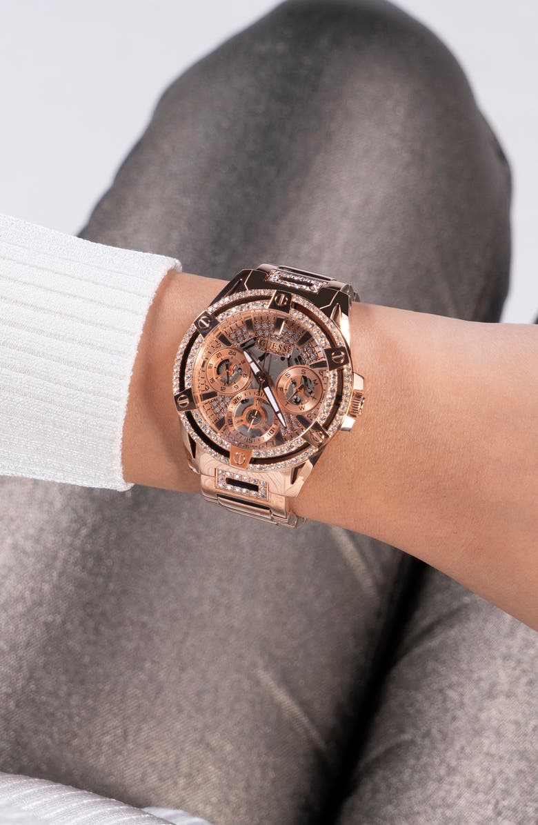 GUESS Multifunction Crystal Skeleton Bracelet Watch, 40mm, Alternate, color,