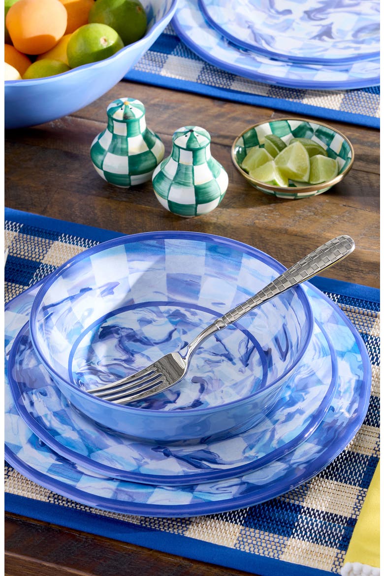 Set of 4 Blue Marble Check Melamine Dinner Plates, Alternate, color, BLUE