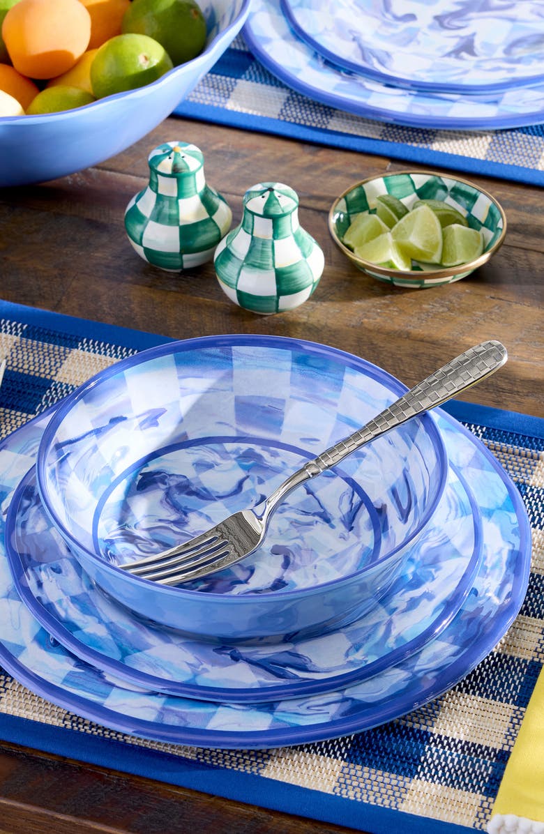 MACKENZIE CHILDS Set of 4 Blue Marble Check Melamine Dinner Plates, Alternate, color, Blue
