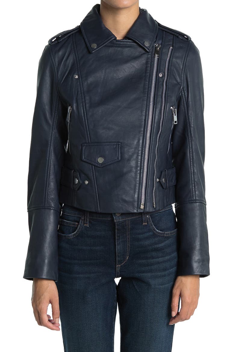 Juls Leather Moto Jacket, Alternate, color, NAVY