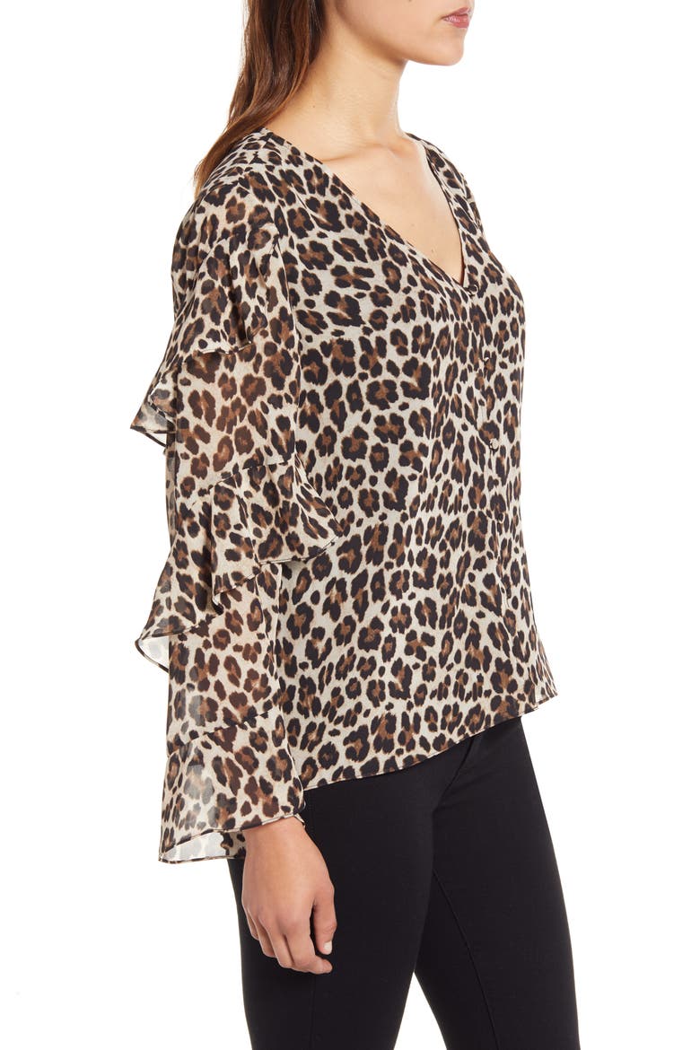 Leopard Print Tiered Sleeve Blouse, Alternate, color, RICH BLACK